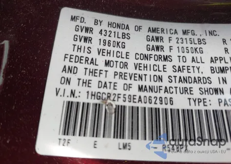 2014 Honda Accord Sdn Sport из США, поврежденный, VIN 1HGCR2F59EA062906